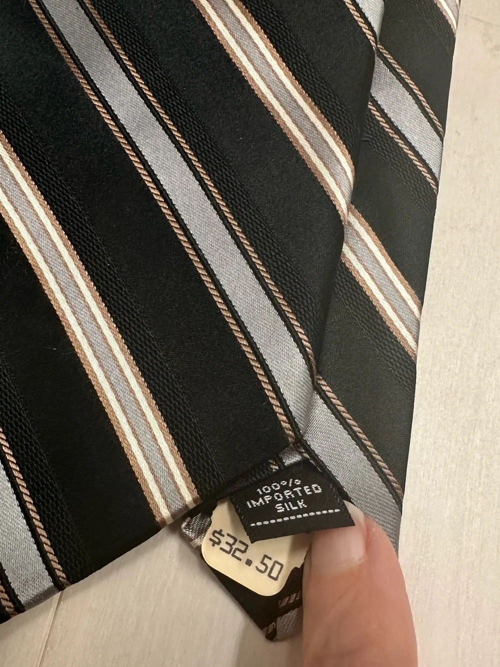 Jones New York Black Silk Tie with Gray and Brown Stripes